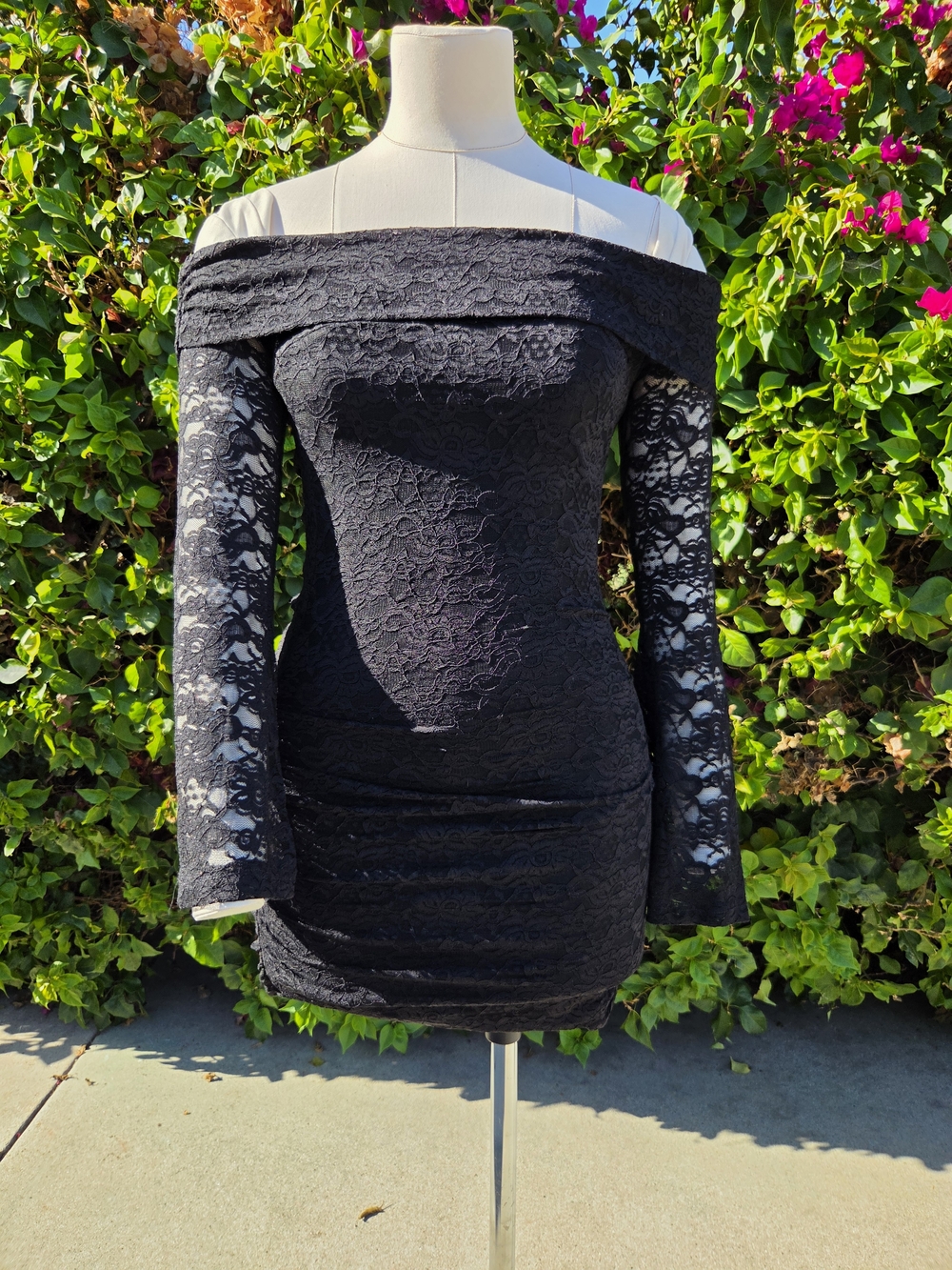Princess Polly Fable Mini Dress Black Off Shoulder Lace Ruched Long Sleeve